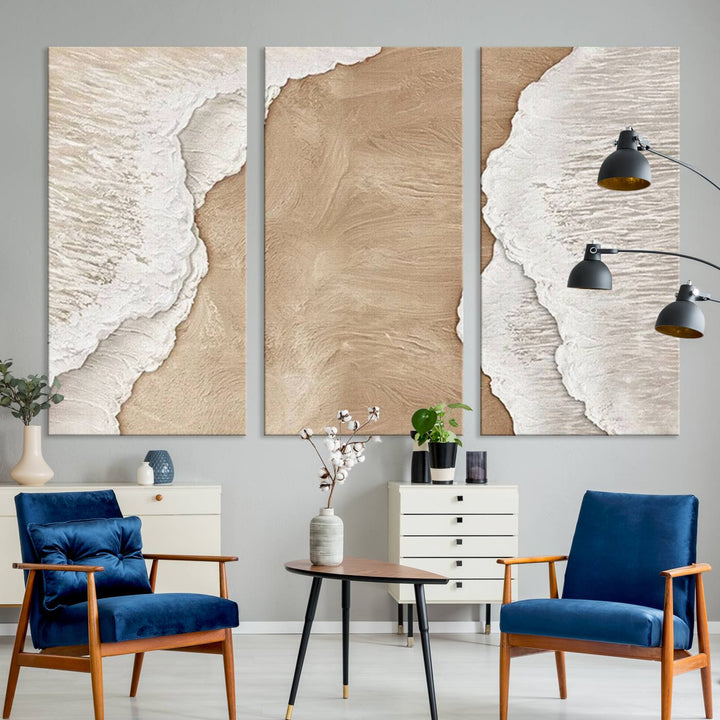 Brown White Beach Abstract Wall Art Print, Framed Abstract Marble Wall Art Canvas Print, Abstract Painting for Living Room Dining Room Decor