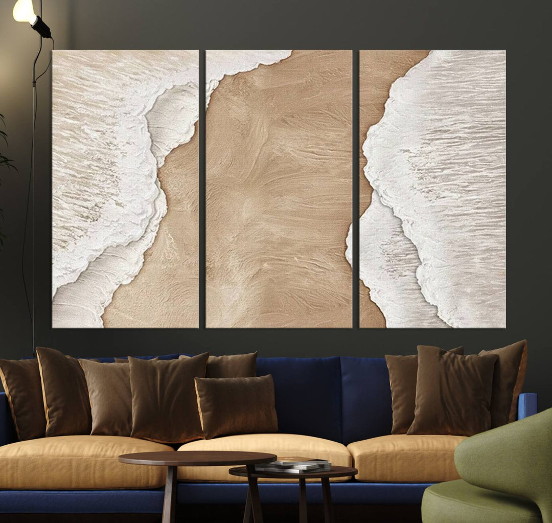 Brown White Beach Abstract Wall Art Print, Framed Abstract Marble Wall Art Canvas Print, Abstract Painting for Living Room Dining Room Decor