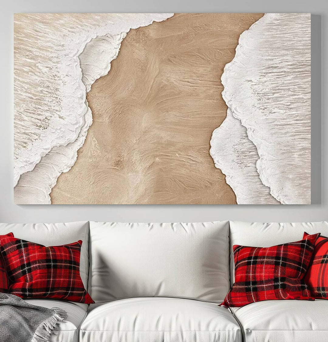 Brown White Beach Abstract Wall Art Print, Framed Abstract Marble Wall Art Canvas Print, Abstract Painting for Living Room Dining Room Decor