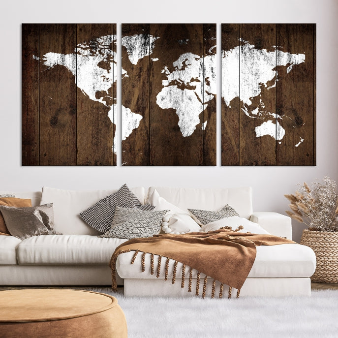 Brown Wood Background Canvas World Map Wall Art Print