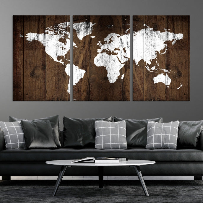 Brown Wood Background Canvas World Map Wall Art Print