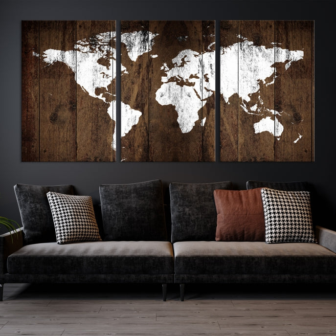 Brown Wood Background Canvas World Map Wall Art Print