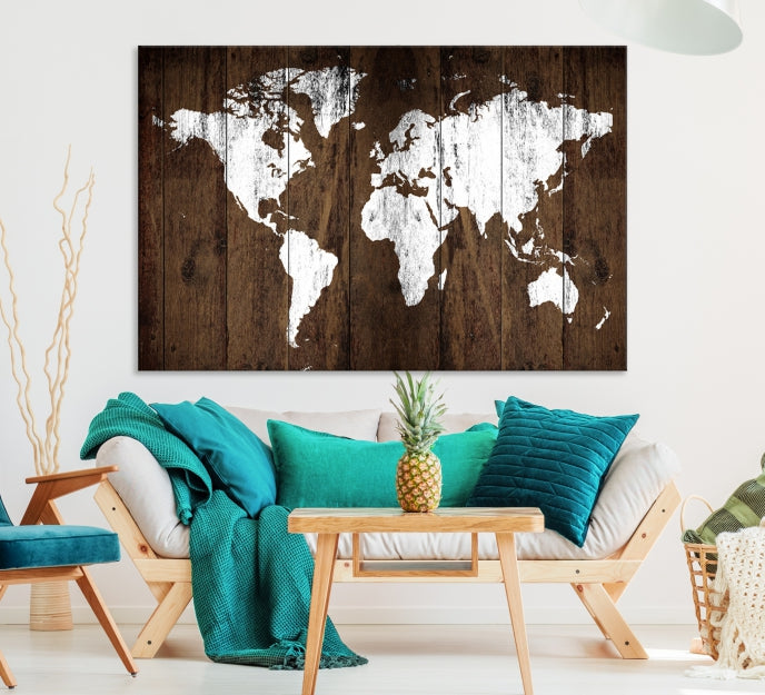 Brown Wood Background Canvas World Map Wall Art Print