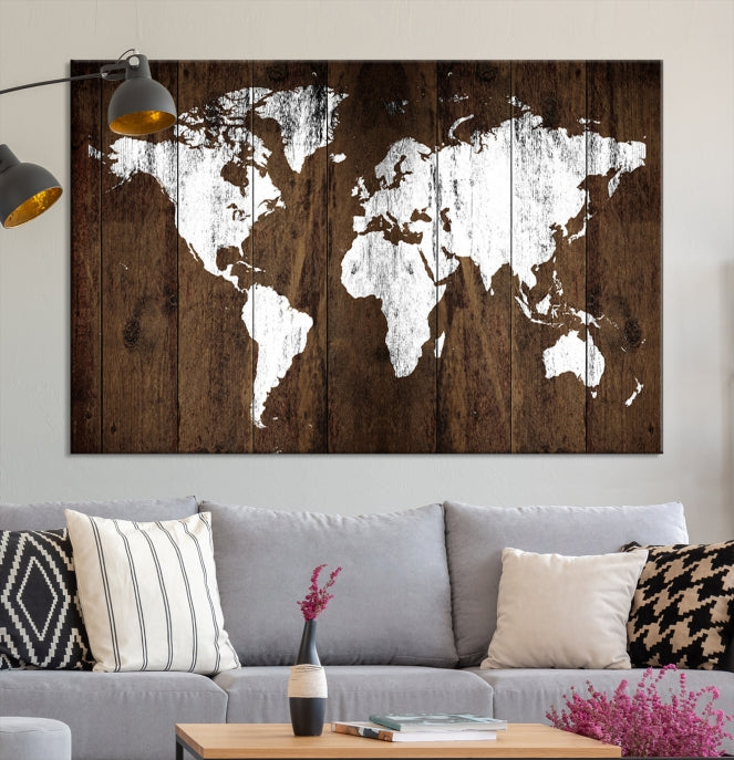 Brown Wood Background Canvas World Map Wall Art Print