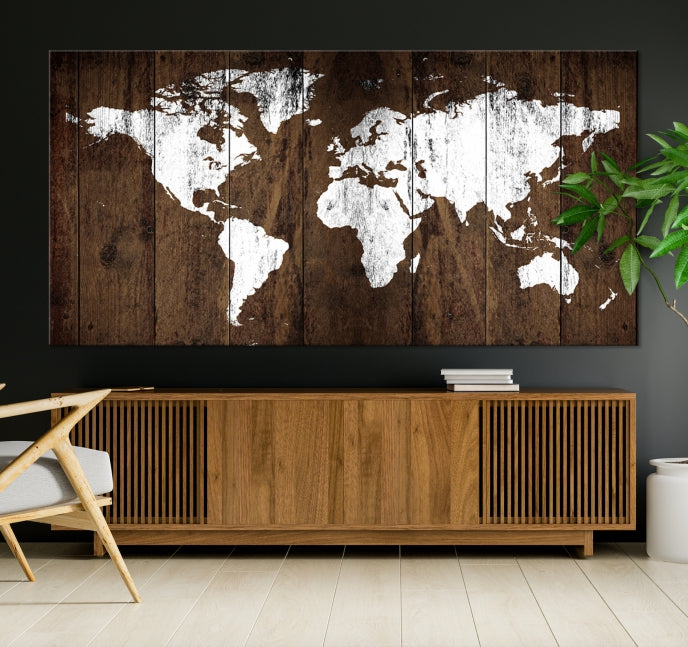 Brown Wood Background Canvas World Map Wall Art Print