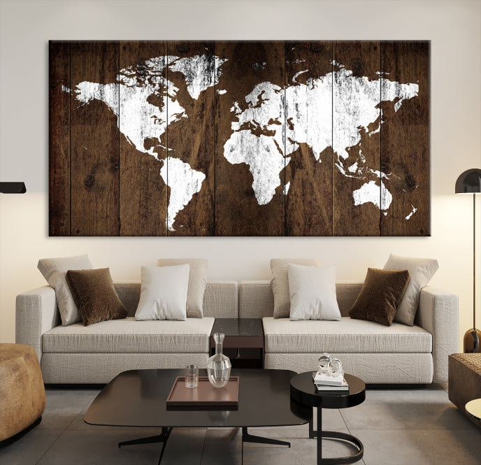 Brown Wood Background Canvas World Map Wall Art Print