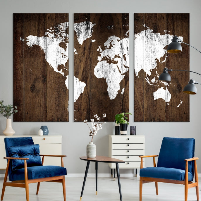 Brown Wood Background Canvas World Map Wall Art Print