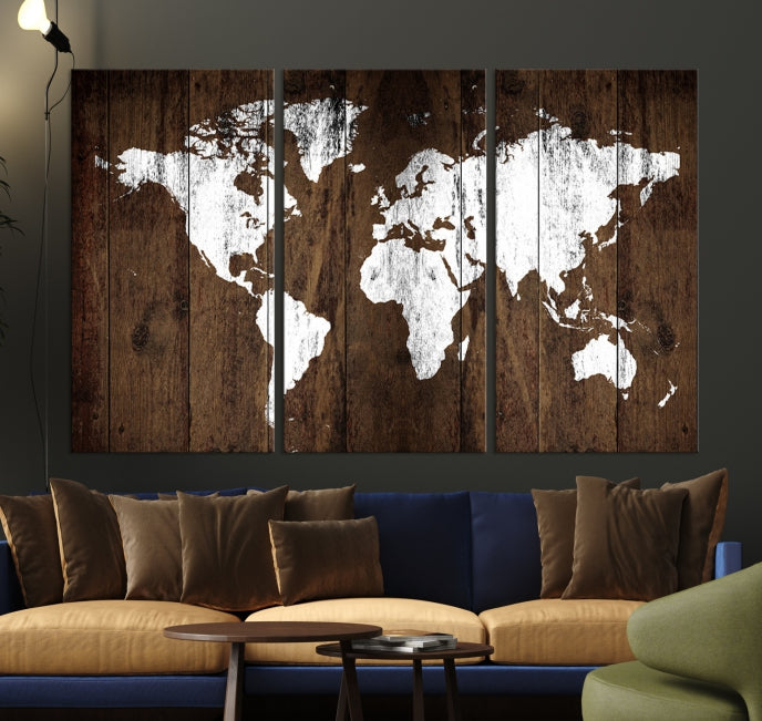 Brown Wood Background Canvas World Map Wall Art Print