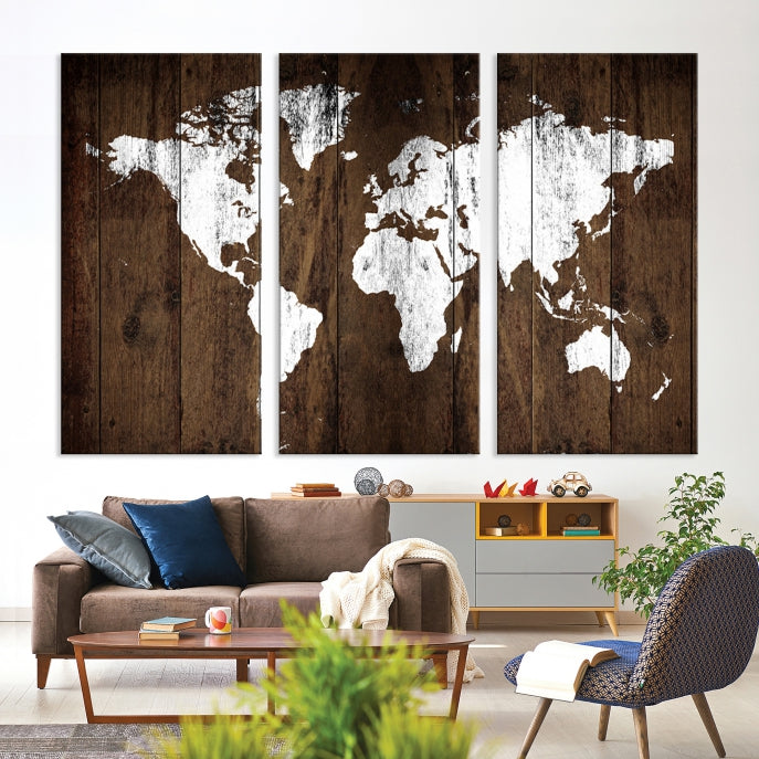 Brown Wood Background Canvas World Map Wall Art Print