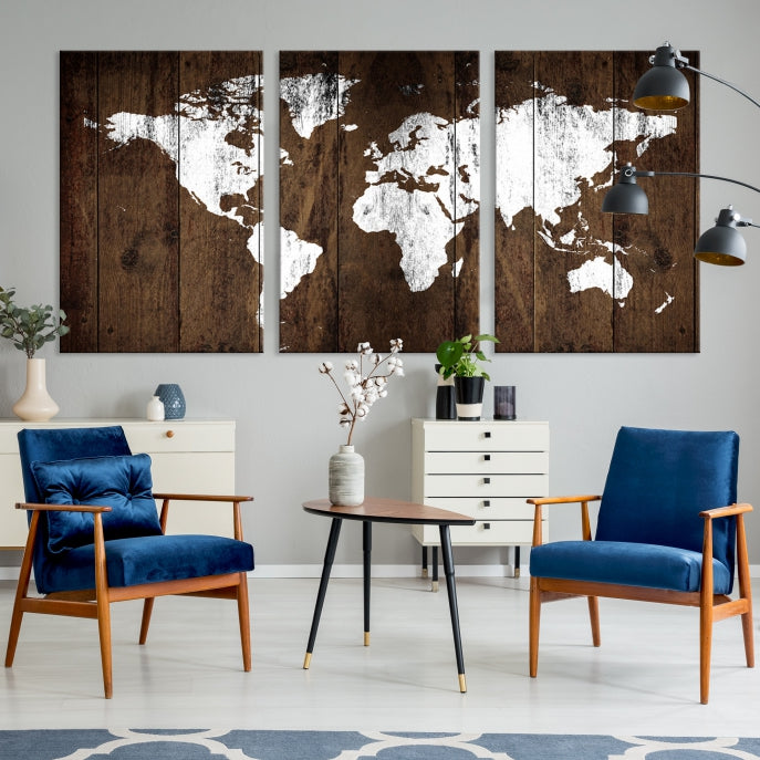 Brown Wood Background Canvas World Map Wall Art Print