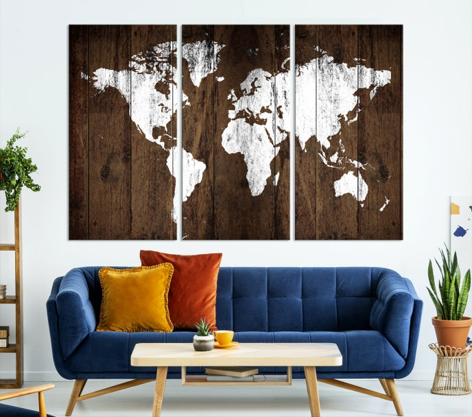 Brown Wood Background Canvas World Map Wall Art Print