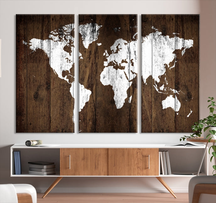 Brown Wood Background Canvas World Map Wall Art Print