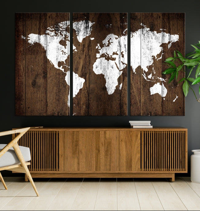 Brown Wood Background Canvas World Map Wall Art Print