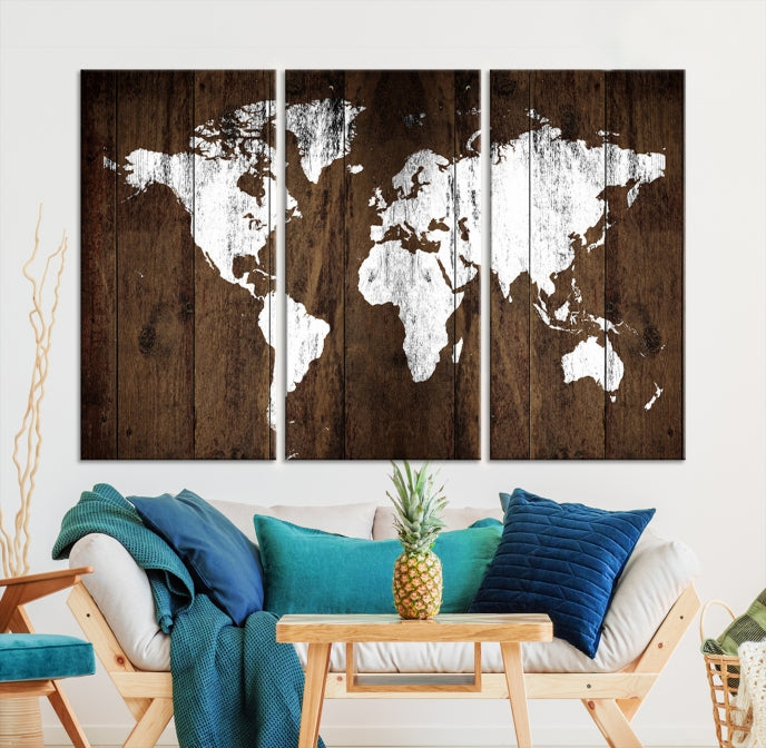 Brown Wood Background Canvas World Map Wall Art Print