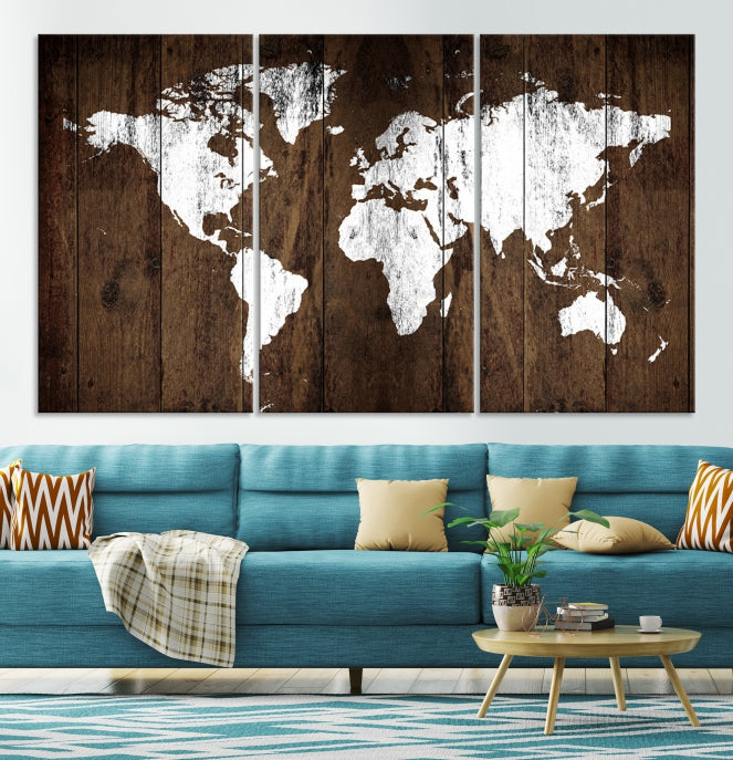 Brown Wood Background Canvas World Map Wall Art Print