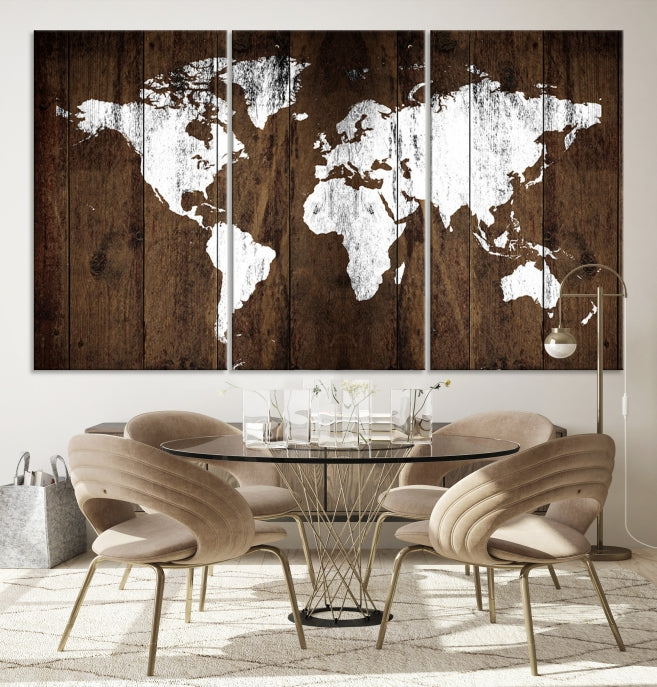 Brown Wood Background Canvas World Map Wall Art Print