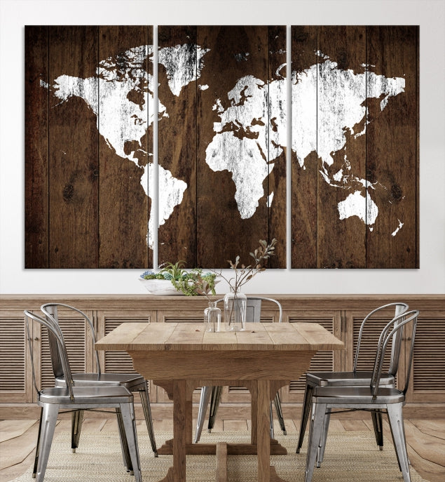 Brown Wood Background Canvas World Map Wall Art Print