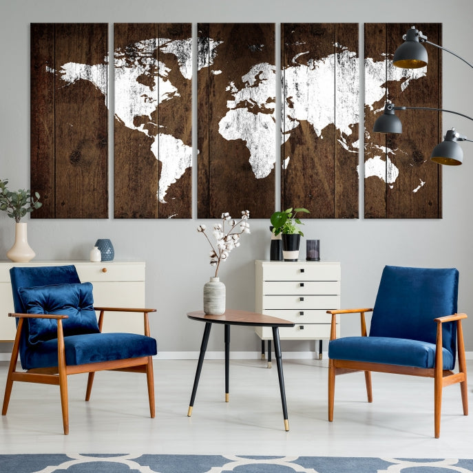 Brown Wood Background Canvas World Map Wall Art Print