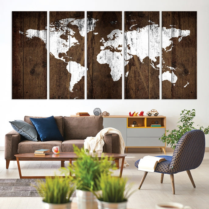 Brown Wood Background Canvas World Map Wall Art Print