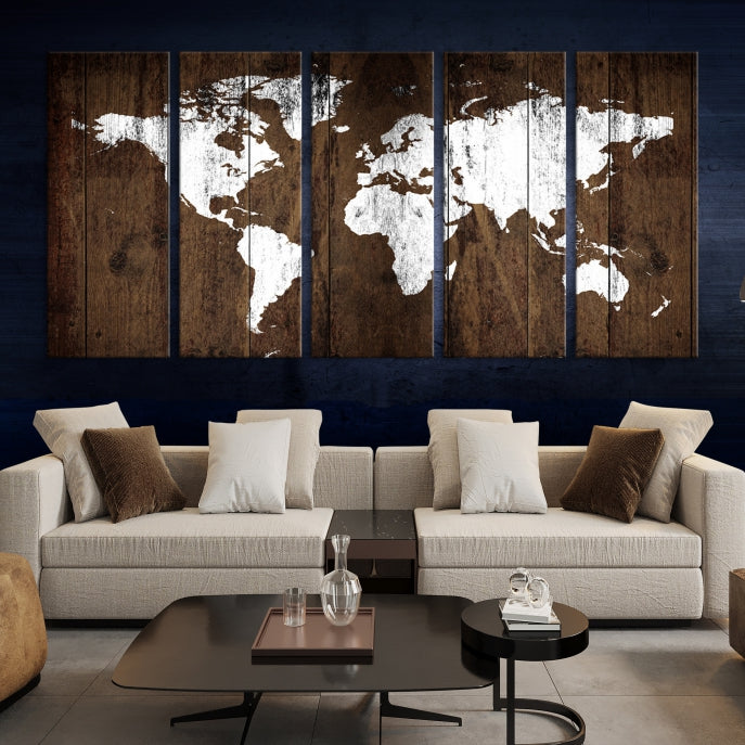 Brown Wood Background Canvas World Map Wall Art Print