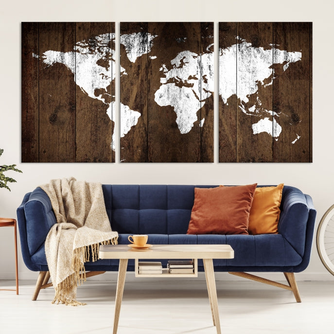 Brown Wood Background Canvas World Map Wall Art Print