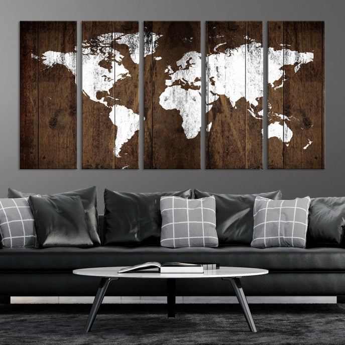 Brown Wood Background Canvas World Map Wall Art Print