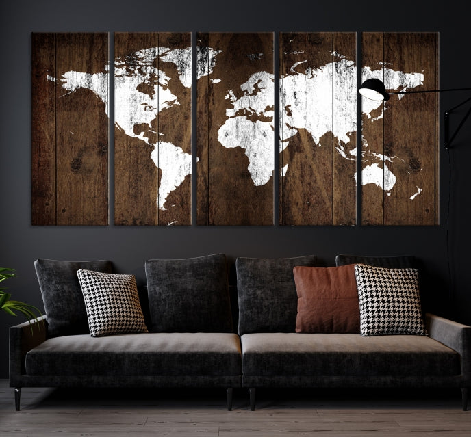 Brown Wood Background Canvas World Map Wall Art Print