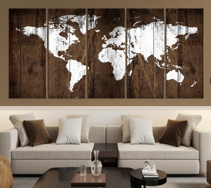 Brown Wood Background Canvas World Map Wall Art Print