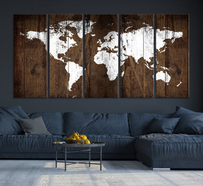 Brown Wood Background Canvas World Map Wall Art Print