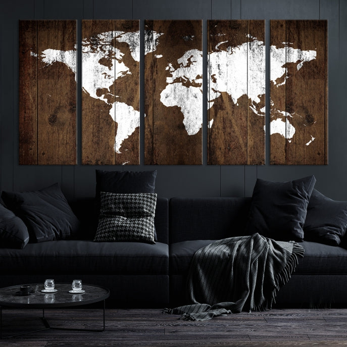 Brown Wood Background Canvas World Map Wall Art Print