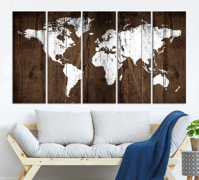 Brown Wood Background Canvas World Map Wall Art Print