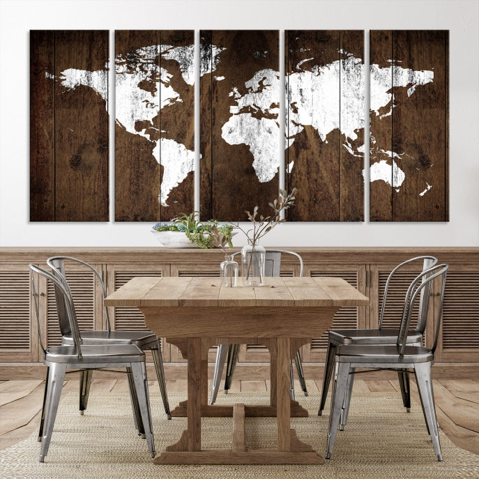 Brown Wood Background Canvas World Map Wall Art Print