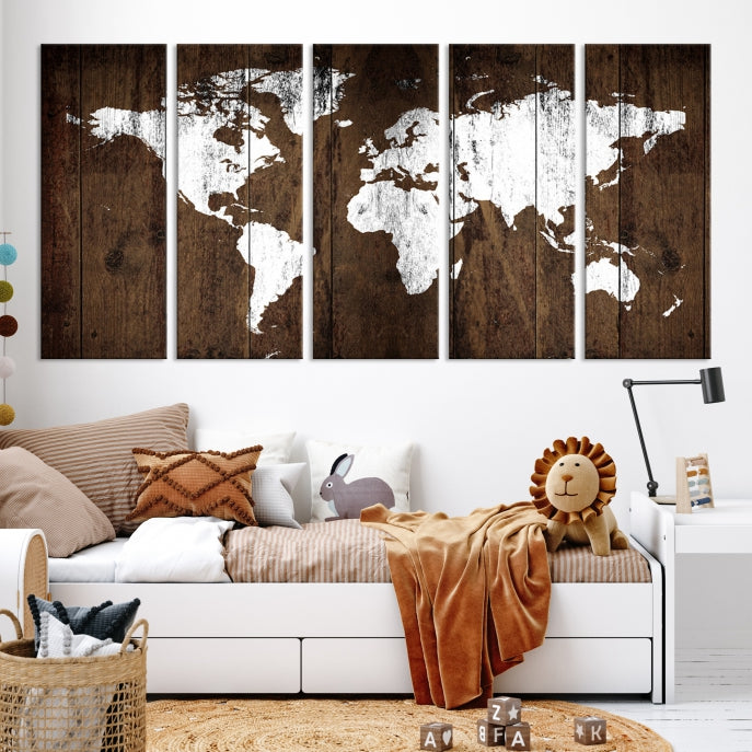 Brown Wood Background Canvas World Map Wall Art Print