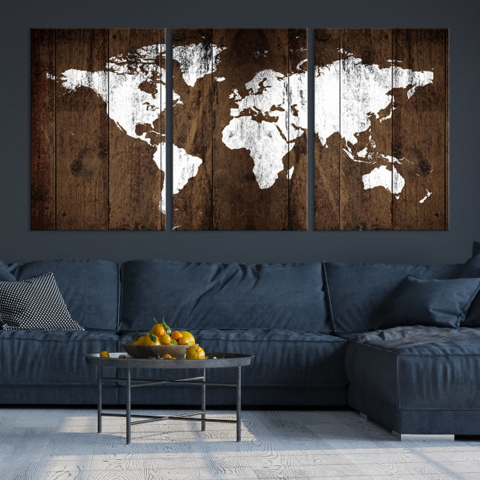 Brown Wood Background Canvas World Map Wall Art Print