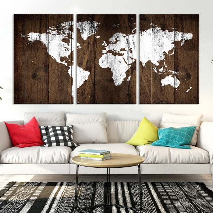 Brown Wood Background Canvas World Map Wall Art Print