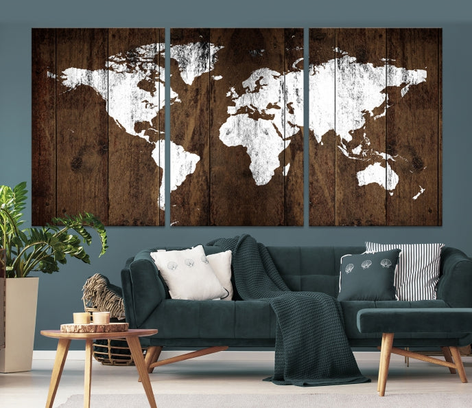 Brown Wood Background Canvas World Map Wall Art Print