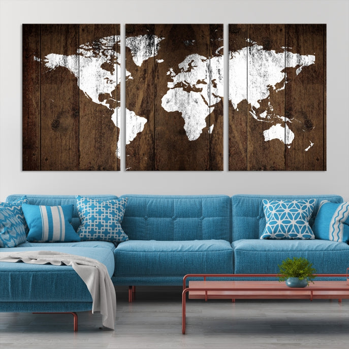 Brown Wood Background Canvas World Map Wall Art Print