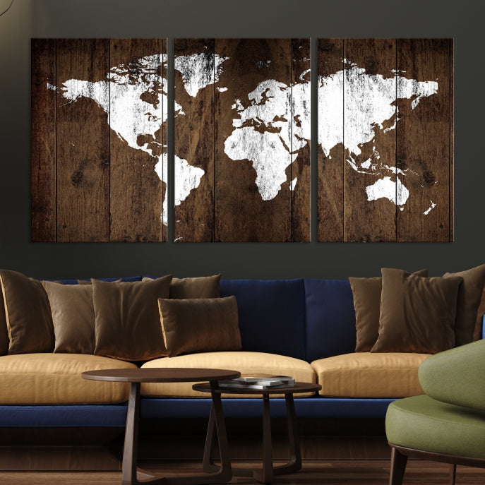 Brown Wood Background Canvas World Map Wall Art Print