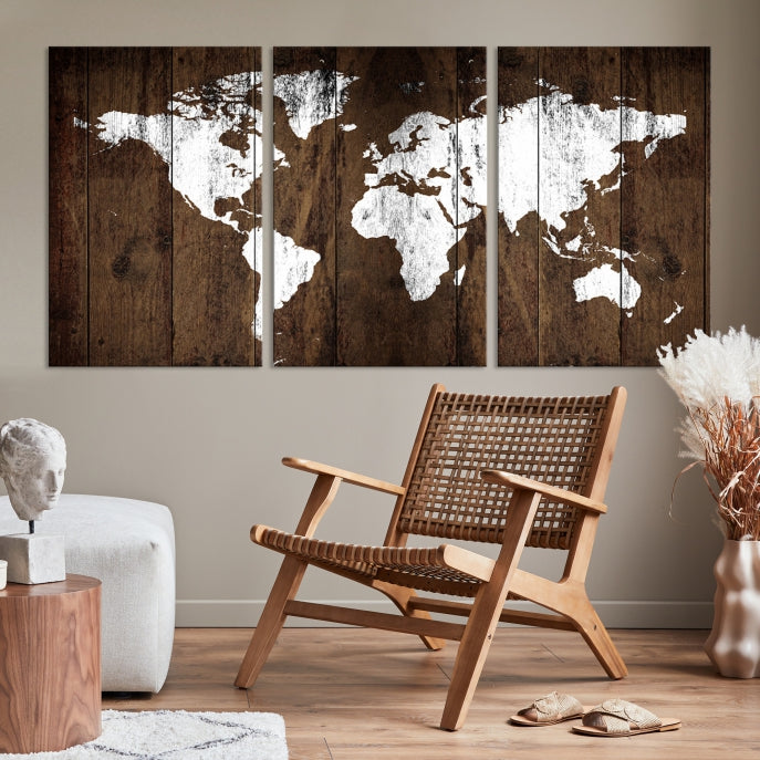 Brown Wood Background Canvas World Map Wall Art Print