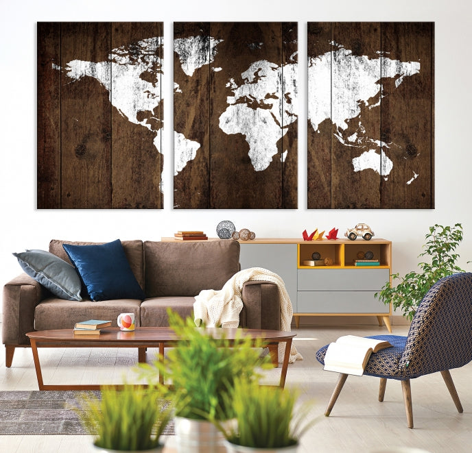 Brown Wood Background Canvas World Map Wall Art Print