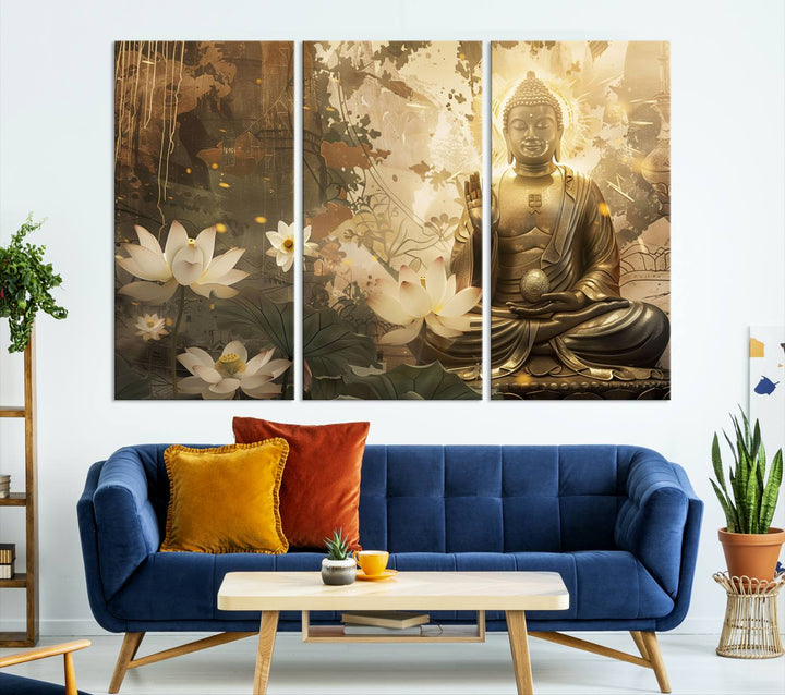 Buddha and Lotus Wall Art Canvas Print, Buddha Meditation Room Decor, Yoga Room Wall Art