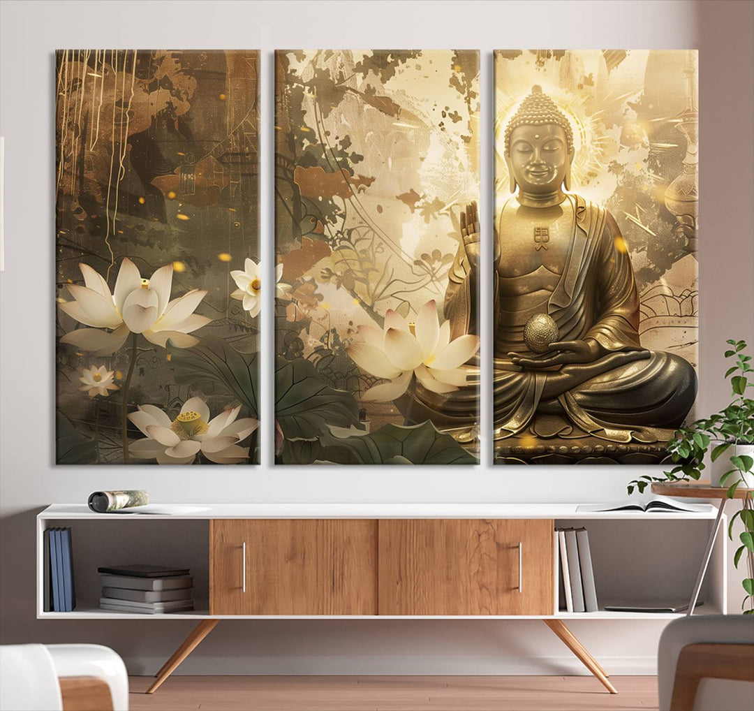 Buddha and Lotus Wall Art Canvas Print, Buddha Meditation Room Decor, Yoga Room Wall Art