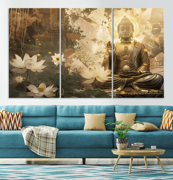 Buddha and Lotus Wall Art Canvas Print, Buddha Meditation Room Decor, Yoga Room Wall Art