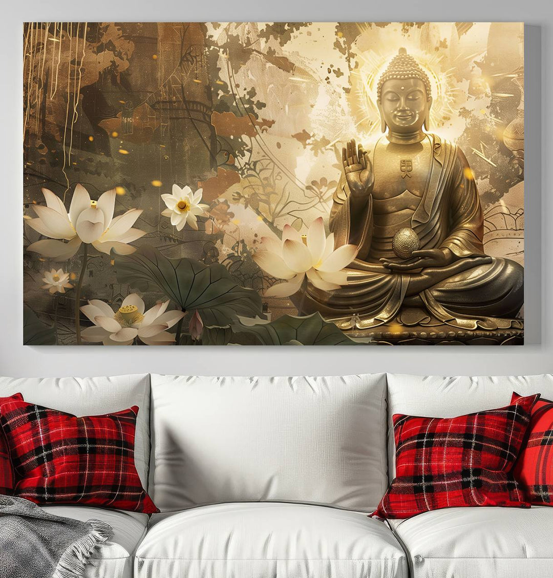 Buddha and Lotus Wall Art Canvas Print, Buddha Meditation Room Decor, Yoga Room Wall Art