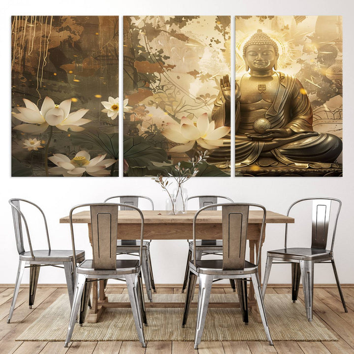 Buddha and Lotus Wall Art Canvas Print, Buddha Meditation Room Decor, Yoga Room Wall Art