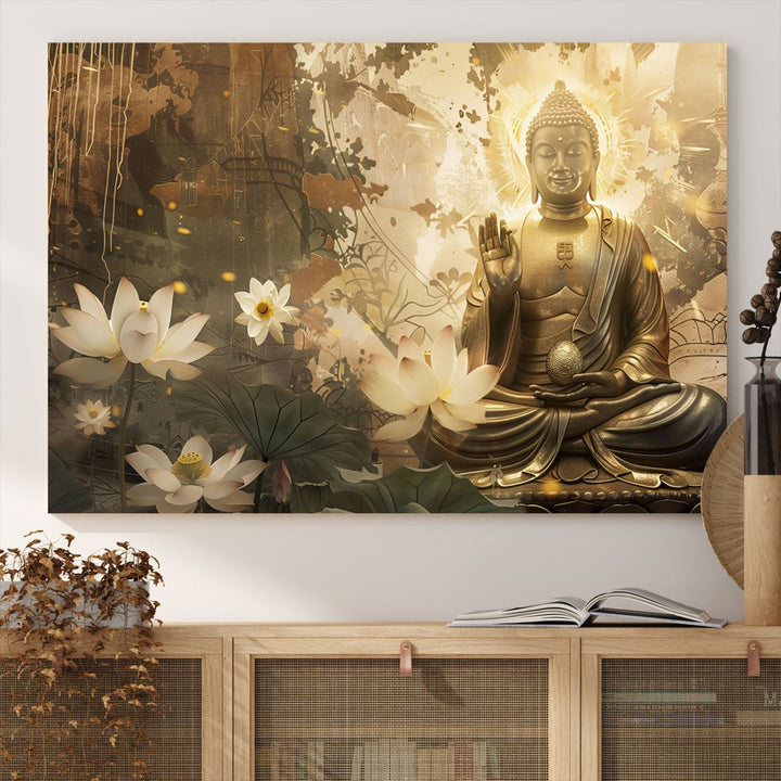 Buddha and Lotus Wall Art Canvas Print, Buddha Meditation Room Decor, Yoga Room Wall Art