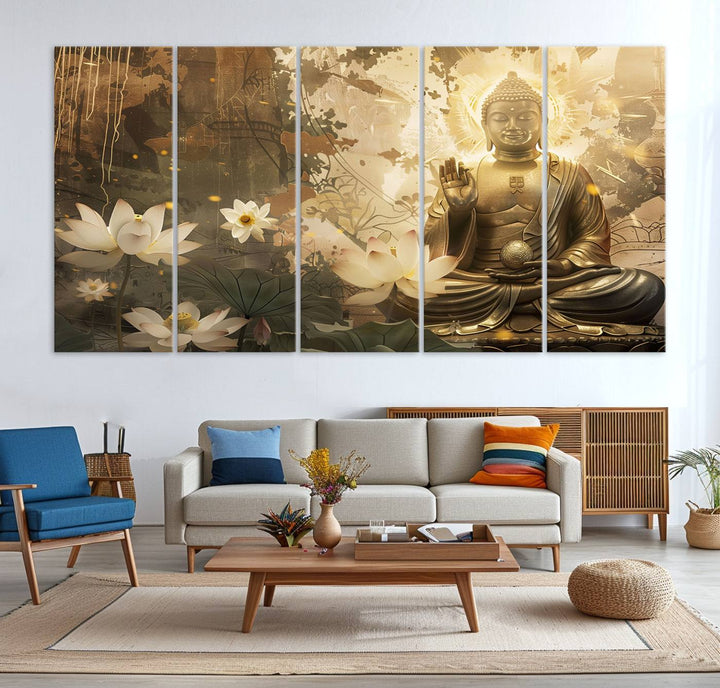 Buddha and Lotus Wall Art Canvas Print, Buddha Meditation Room Decor, Yoga Room Wall Art