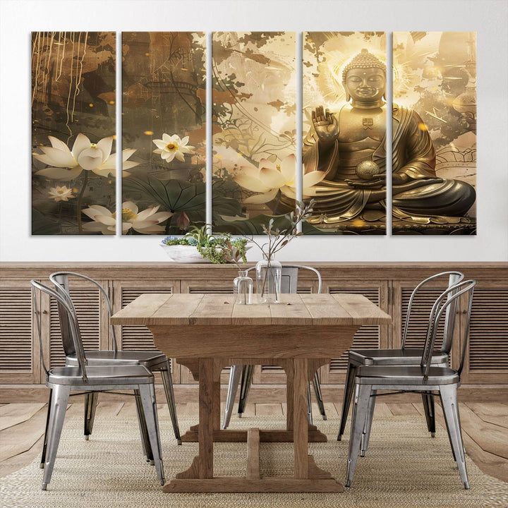 Buddha and Lotus Wall Art Canvas Print, Buddha Meditation Room Decor, Yoga Room Wall Art