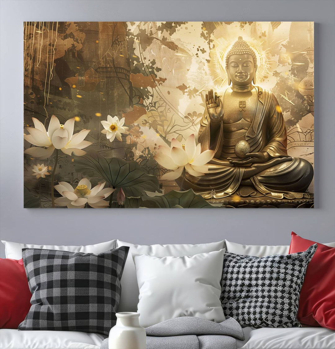 Buddha and Lotus Wall Art Canvas Print, Buddha Meditation Room Decor, Yoga Room Wall Art