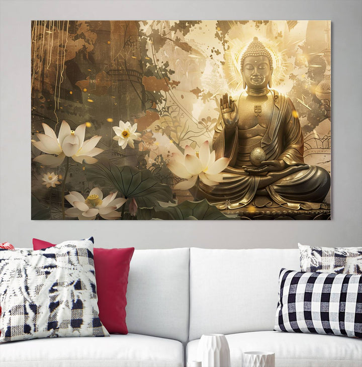 Buddha and Lotus Wall Art Canvas Print, Buddha Meditation Room Decor, Yoga Room Wall Art